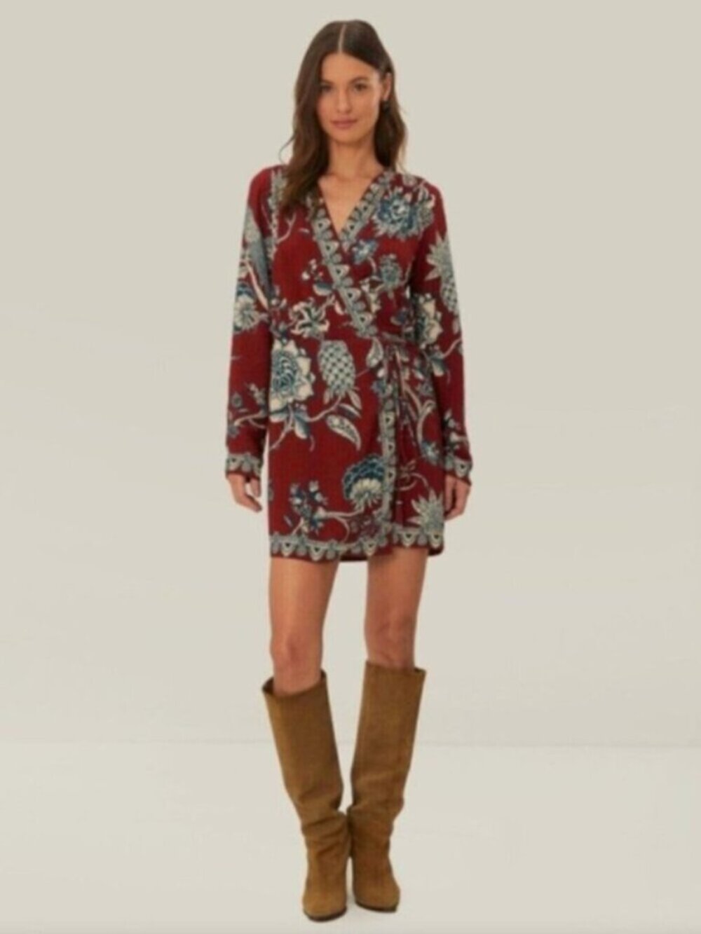 FARM RIO Tropical Landing Wrap Mini Dress Burgundy Teal Size S NWOT